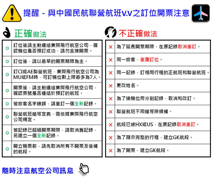 與中國民航聯營航班 V.V 之訂位開票注意