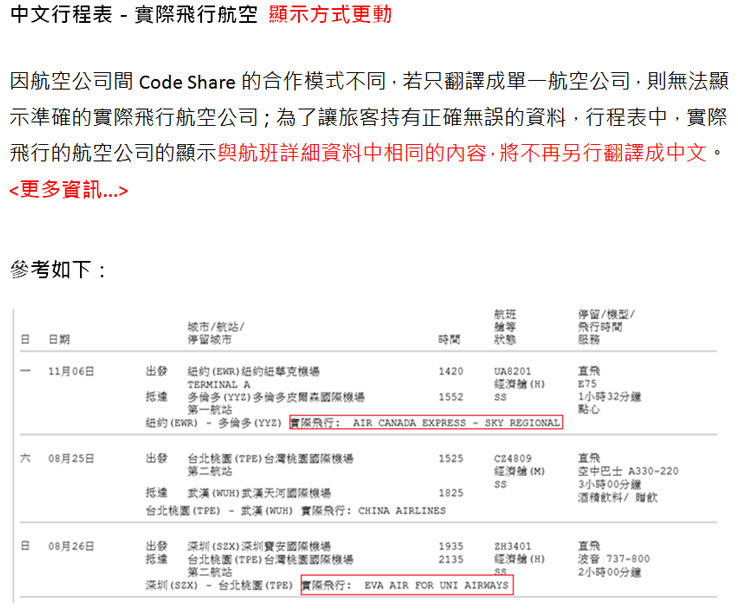 中文行程表 － 實際飛行航空 顯示方式更動。