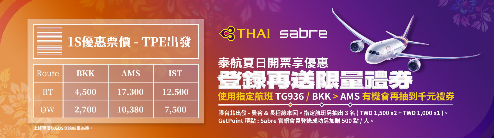 泰航夏日開票享優惠 登錄再送限量禮券 - 使用指定航班TG936 / BKK->AMS 有機會再抽到千元禮券